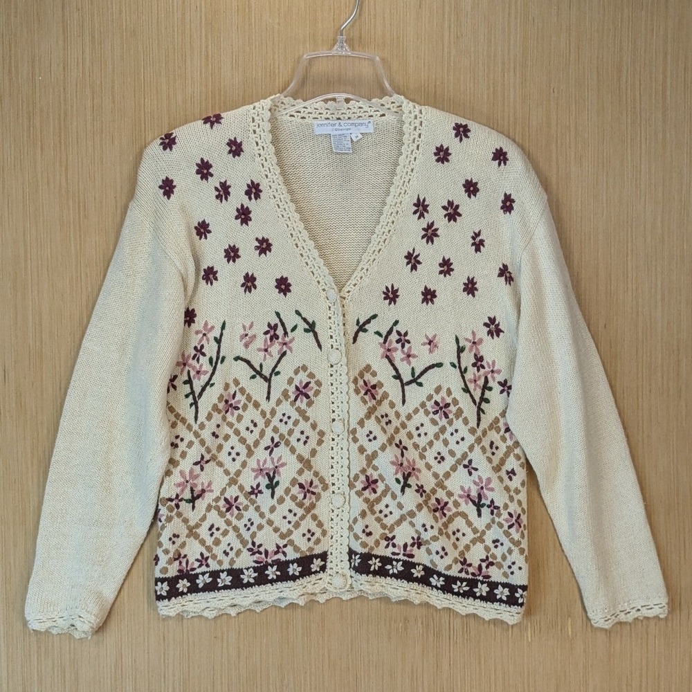 Womens Vintage Floral Embroidered Cardigan Cream Knit Sweater Medium  Cottage